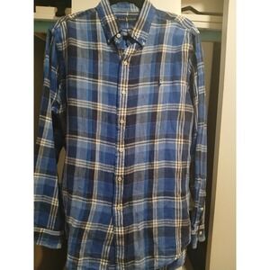 Polo Ralph Lauren Men's Linen Blue Plaid Long Sleeve Button Down Shirt L